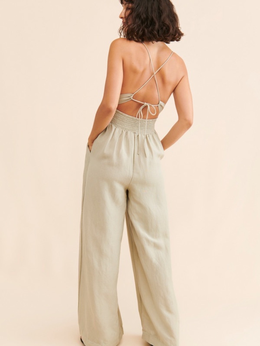 Free People Emma Linen Blend Wide Leg Jumpsuit in Alfalfa - Picture 4 of 8
